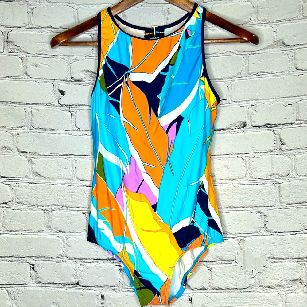 Jantzen Blue Orange Feather One Piece Swimsuit Size Medium Excellent Condition